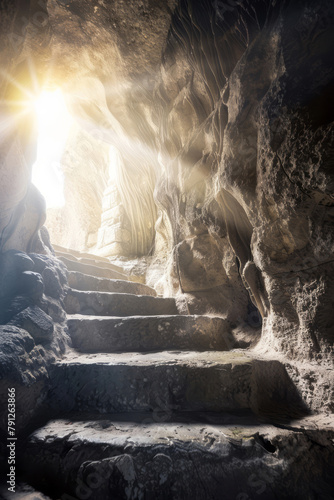 An empty tomb with light shining from outside and stairs leading out signifies a momentous event. photo