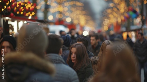 In the background blurred throngs of people weave in and out of focus creating a sense of chaos and excitement during the holiday rush. .