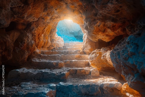 A serene tomb with an open door and light shining through symbolizes a significant event.