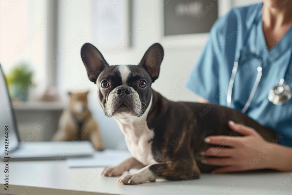 Close-up of a small dog sitting on a desk next to a person in a bright veterinarian clinic