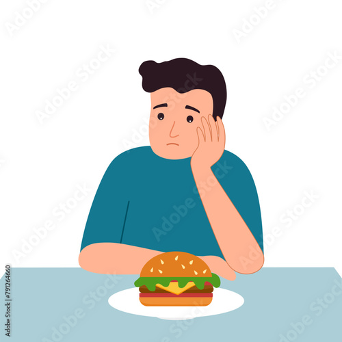 Man feel not hungry concept vector illustration on white background. Guy unable to eat. No appetite.