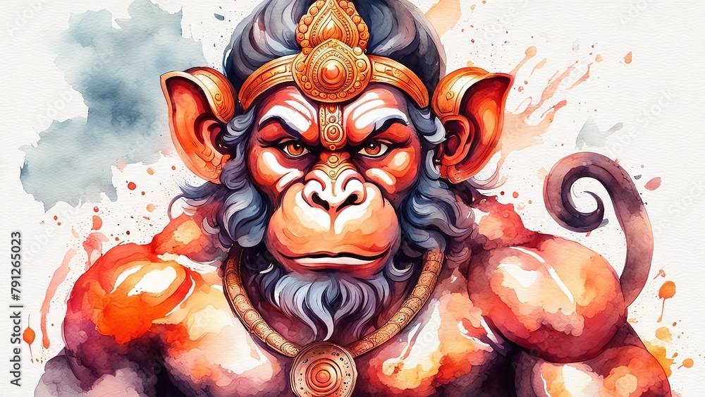 Fototapeta premium Watercolor-style image of Indian god Hanuman, showcasing artistic finesse. Ideal for spiritual and cultural themes, enhancing the divine aura in design projects.