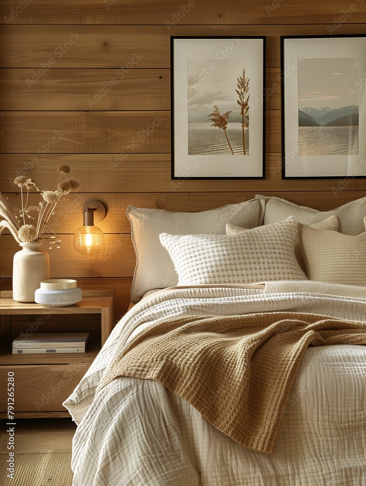 Cozy Bedroom Interior with Wooden Wall and Bedding