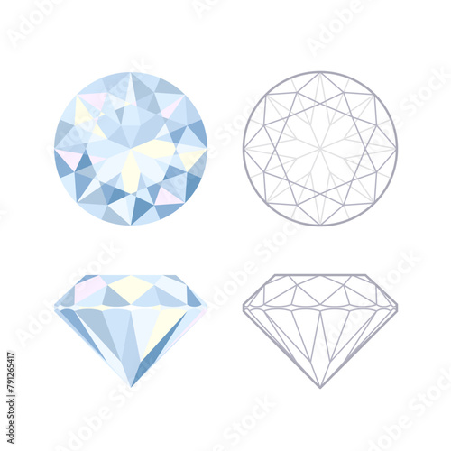 Round brilliant cut diamond top and side views. Flat and outline icons. Tditable stroke. Vector illustration
