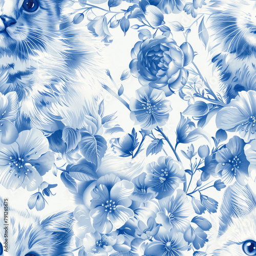 Highly Detailed Porcelain Light Blue Willow Kittens and Flowers Seamless Pattern