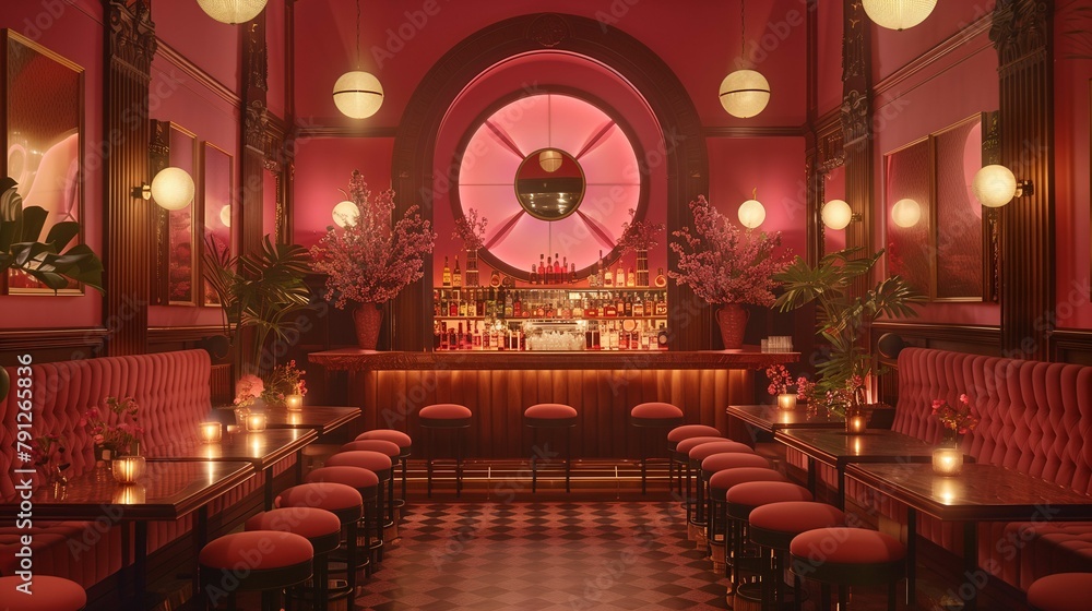 Elegant Vintage Bar Interior with Pink and Red Tones