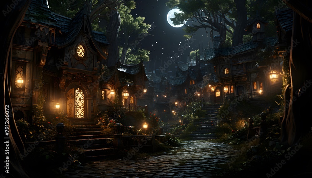 Halloween night scene with haunted house, moon and stars. 3d rendering