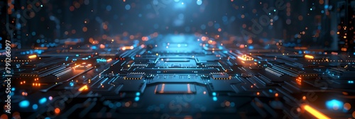 background of dark chip floor with a futuristic technological feel, with a huge and exquisite chip metal frame on top and blue light particles below photo
