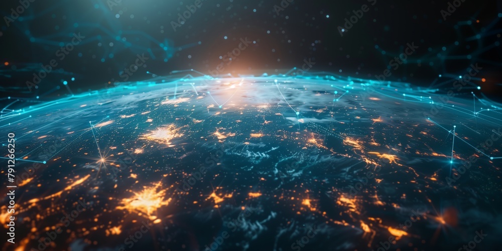 Digital background featuring  futuristic technology with a digital cityscape, graphs and charts, a global network connection and an earth globe in virtual space