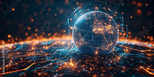 Digital background featuring futuristic technology with a digital cityscape, graphs and charts, a global network connection and an earth globe in virtual space