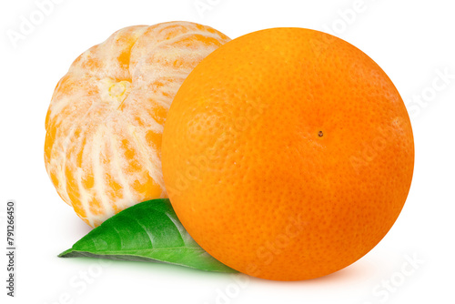 Tangerines whole and peeled on an isolated white background.