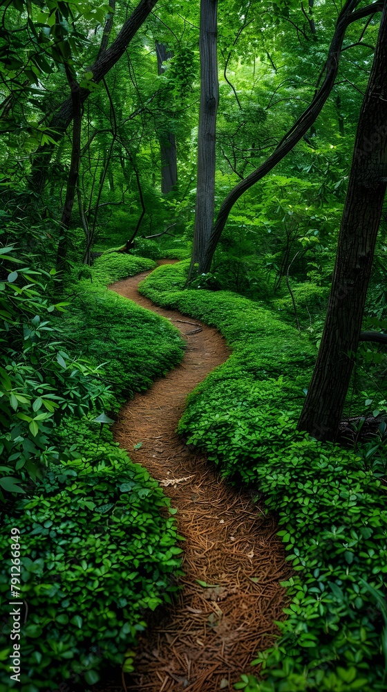 Fototapeta premium In a lush woodland, a winding path leads invitingly through vibrant greenery, beckoning you to embark on a journey into the tranquil embrace of nature.