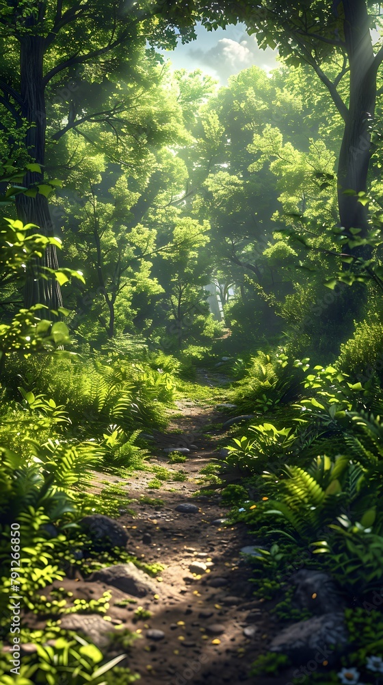 Fototapeta premium A peaceful trail meanders through a lush forest, with sunlight filtering through the fresh green canopy of spring leaves.