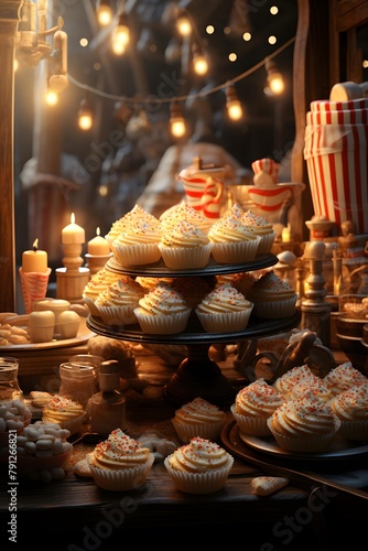 Decorated Christmas cupcakes and candles on display in shop window.
