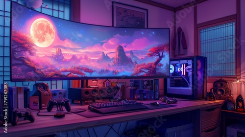 Fantasy-Themed Gamers Room with Moonlit View © Kir