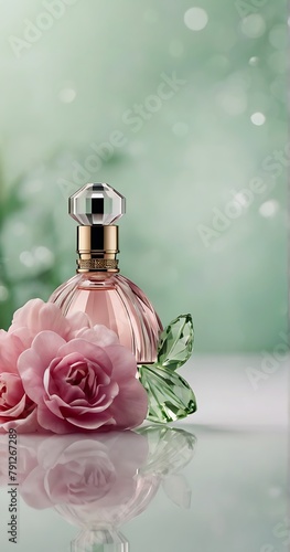 Luxury roses perfume mockup glass bottle on top of a marble table, product display