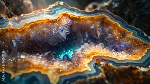 Stunning Macro Detail of Geode Crystal Formation. Macro view into the heart of a geode reveals a breathtaking landscape of sharp crystals and smooth banding, shimmering in reflected light.