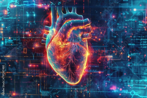 Digitally enhanced heart with intricate circuits and glowing data lines.
