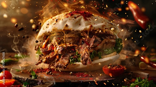 A succulent Turkish shawarma doner sandwich, with sizzling grilled beef, surrounded by swirling spices and flying ingredients, ready to be devoured