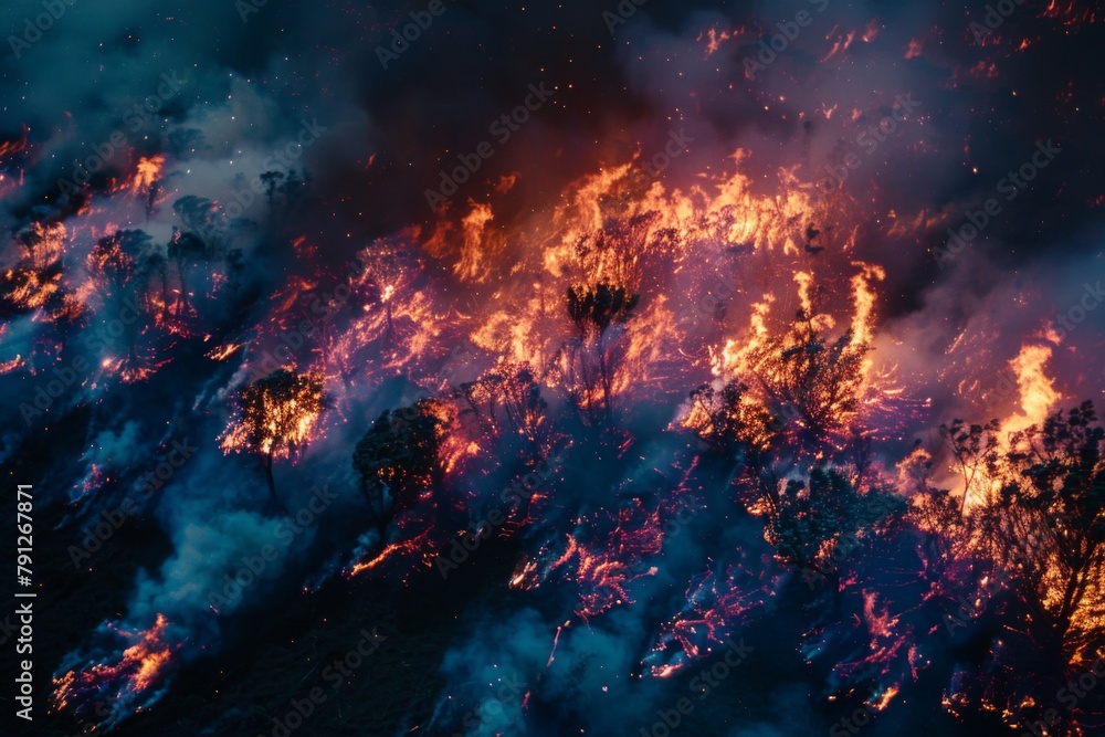 Fototapeta premium Wildforest fire burning forest trees eecological disaster smoke aerial view from helicopter danger death animals damage hazard blaze pollution tragedy