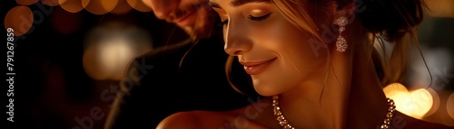 Woman gifting a gold necklace to her partner, intimate and luxurious setting