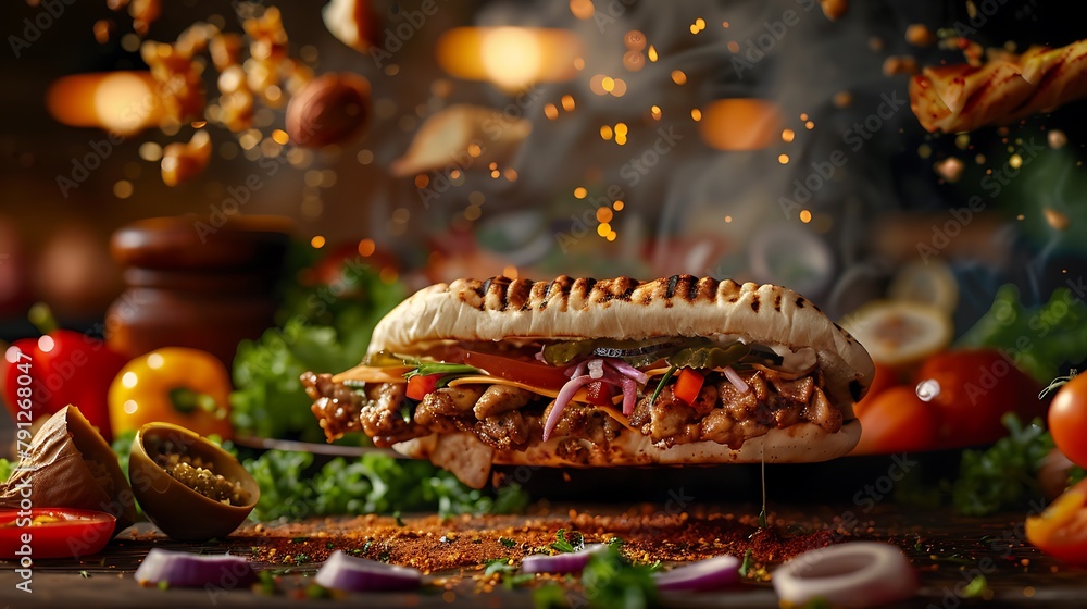 A tantalizing chicken shawarma sandwich, filled with tender meat and aromatic spices, suspended in mid-air amidst a vibrant array of fresh ingredients, tempting you to take a bite