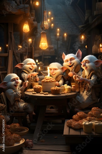 Fairy-tale scene with a group of puppets and sweets
