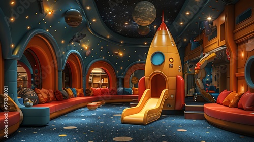 Cartoonstyle 3D image of a playground themed around space exploration, with rocketshaped climbers and planetary play balls photo