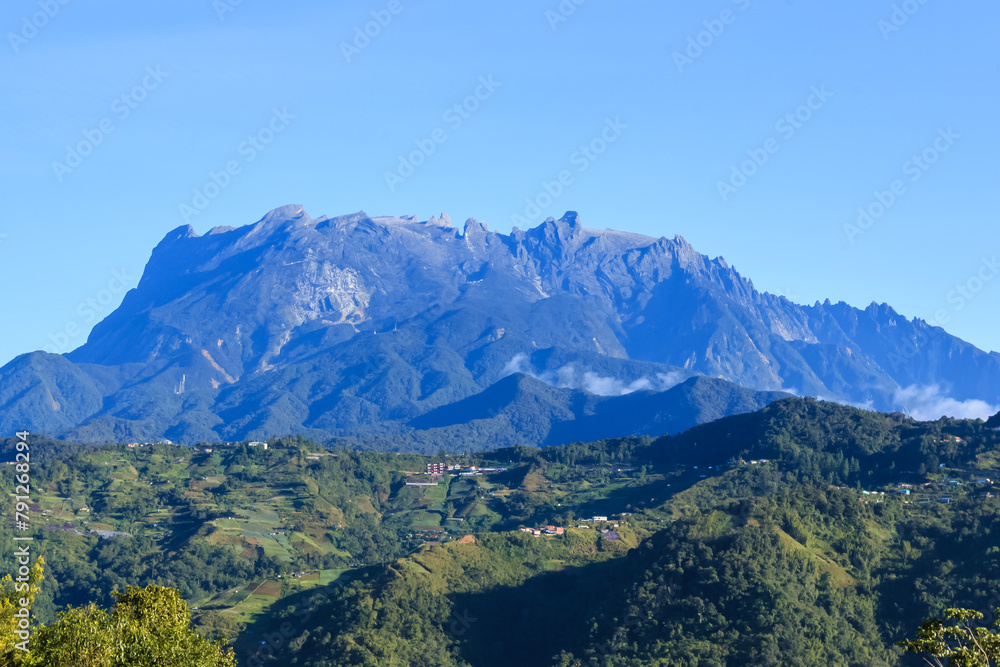 view of Borneo jungle with Mount Kinabalu in the background.