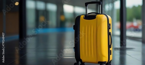 Luggage with sun hat placing in front of hotel lobby isolated over hotel reception blurred background