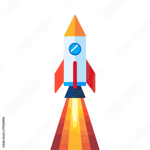 classic, cylindrical rocket with red and white stripes blasts off from a launchpad, leaving a trail of fire and smoke behind it