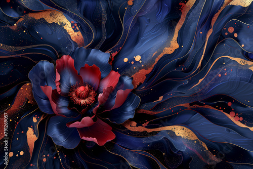 Closeup of a terrestrial plants blue and red petal on a dark background photo
