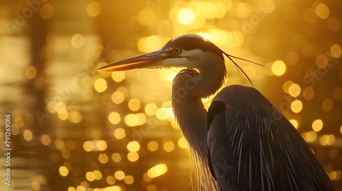 Beautiful close-up of a great blue heron in hazy sunlight