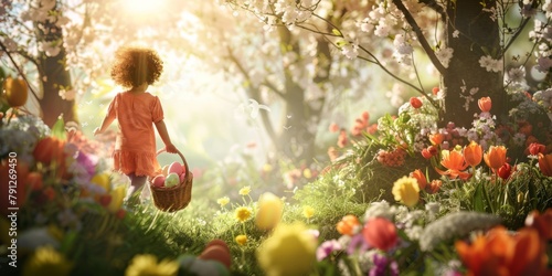 A child sits on the grass with many spring flowers and collects colorful Easter eggs in a basket. A small child celebrates Easter outdoors in a park or forest.
