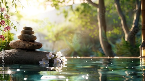 an image that incorporates the spa's logo into a seamless integration with a peaceful outdoor scene, creating a cohesive visual representation of beauty, spa, and wellness. 