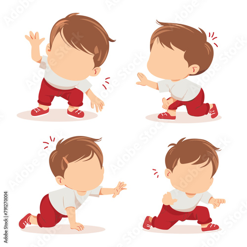 shown where a baby in a red and white outfit progresses from crawling to walking