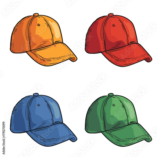 collection of classic baseball caps in various colors, arranged neatly on a white background