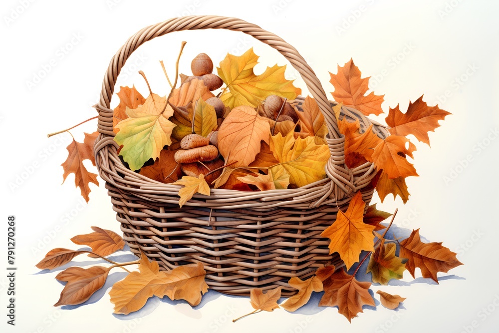 Wicker basket with autumn leaves and acorns isolated on white background Wicker basket with autumn leaves and acorns isolated on white background