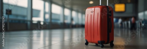 suitcases in an empty airport hall, traveler cases in the departure airport terminal waiting for the area, vacation concept, blank space for text message or design