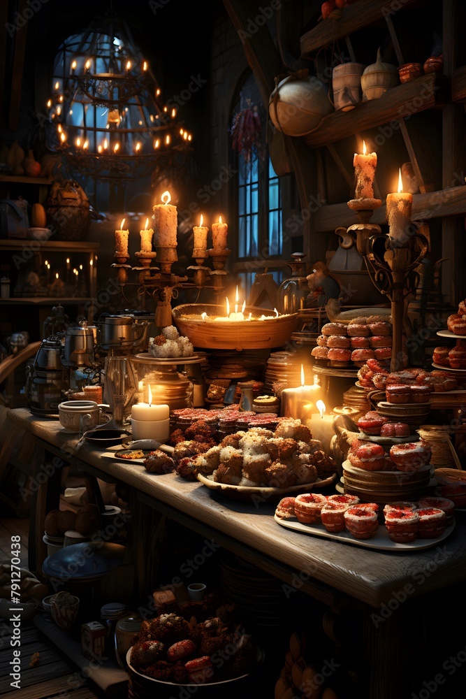 A vertical shot of some candies in a candlestick with candles