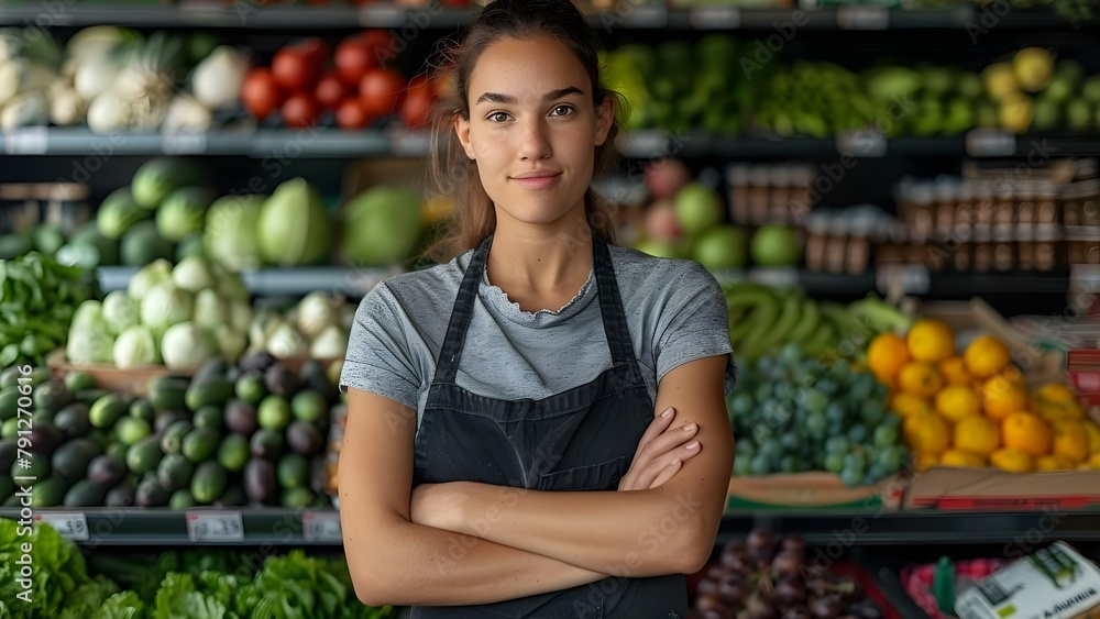 Young female greengrocer in supermarkets produce section arms crossed looking at camera. Concept Portrait, Young Adult, Smiling, Greengrocer, Supermarket