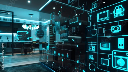 a cybernetic vision of home automation with smart appliances, interconnected grid layout, and holographic style presentation