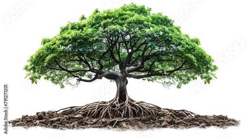 Big tree with roots and leaves isolated on white background