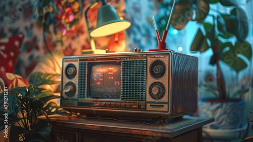  a vintage 90's concept, a retro radio set against a nostalgic background photo