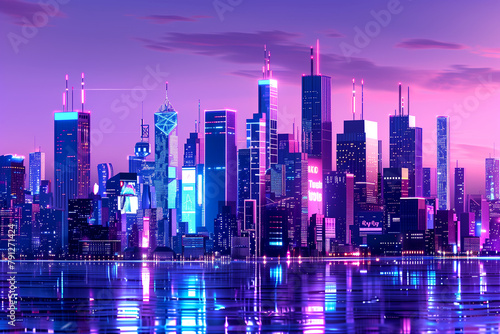 Cityscape with tower blocks, purple neon lights reflected in water at night