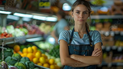 Confident young female greengrocer in supermarket produce section posing for the camera. Concept Portrait Photography, Supermarket Setting, Female Entrepreneur, Confident Pose, Produce Section