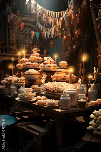 A wide angle shot of a table full of sweets in a church