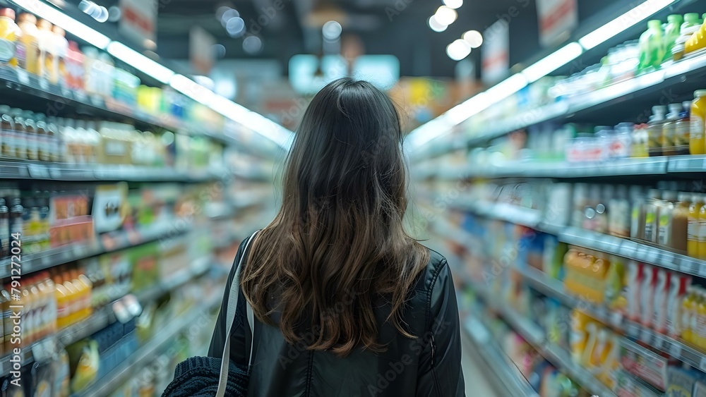 Woman shopping in supermarket selecting products from shelves in grocery store. Concept Supermarket shopping, Grocery store, Woman shopping, Product selection, Retail therapy