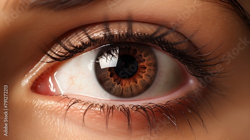 Close up of a brown eye, female eye with lashes, Contact lenses sale pictures, dark brown, HD bright photo