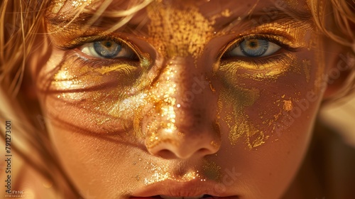A woman with gold face paint and blue eyes